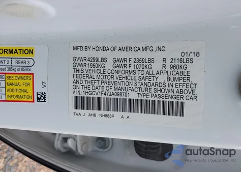 2018 Honda Accord Ex z USA, uszkodzony, nr VIN 1HGCV1F47JA098701